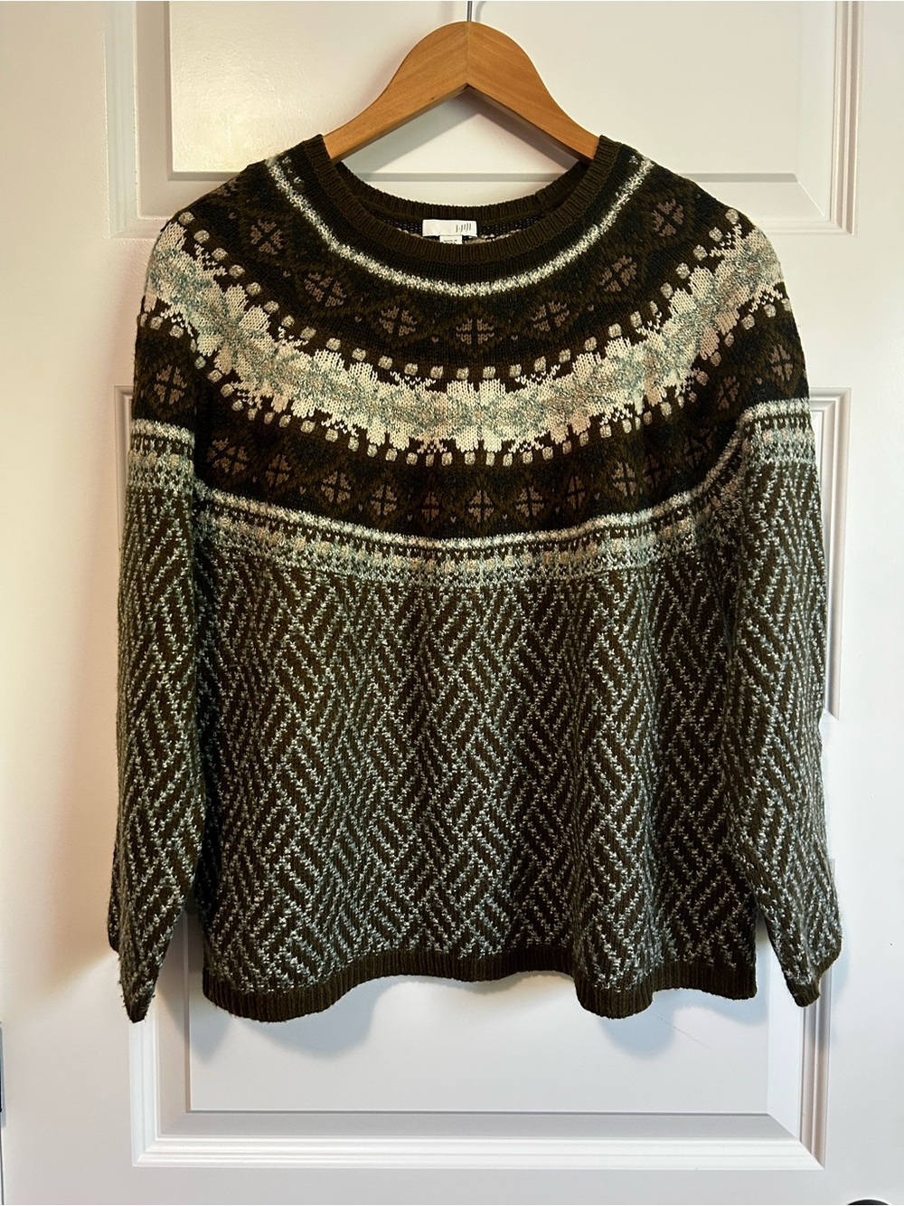J. Jill Olive Green Fair Isle Wool Blend Sweater with Cream & Light Blue